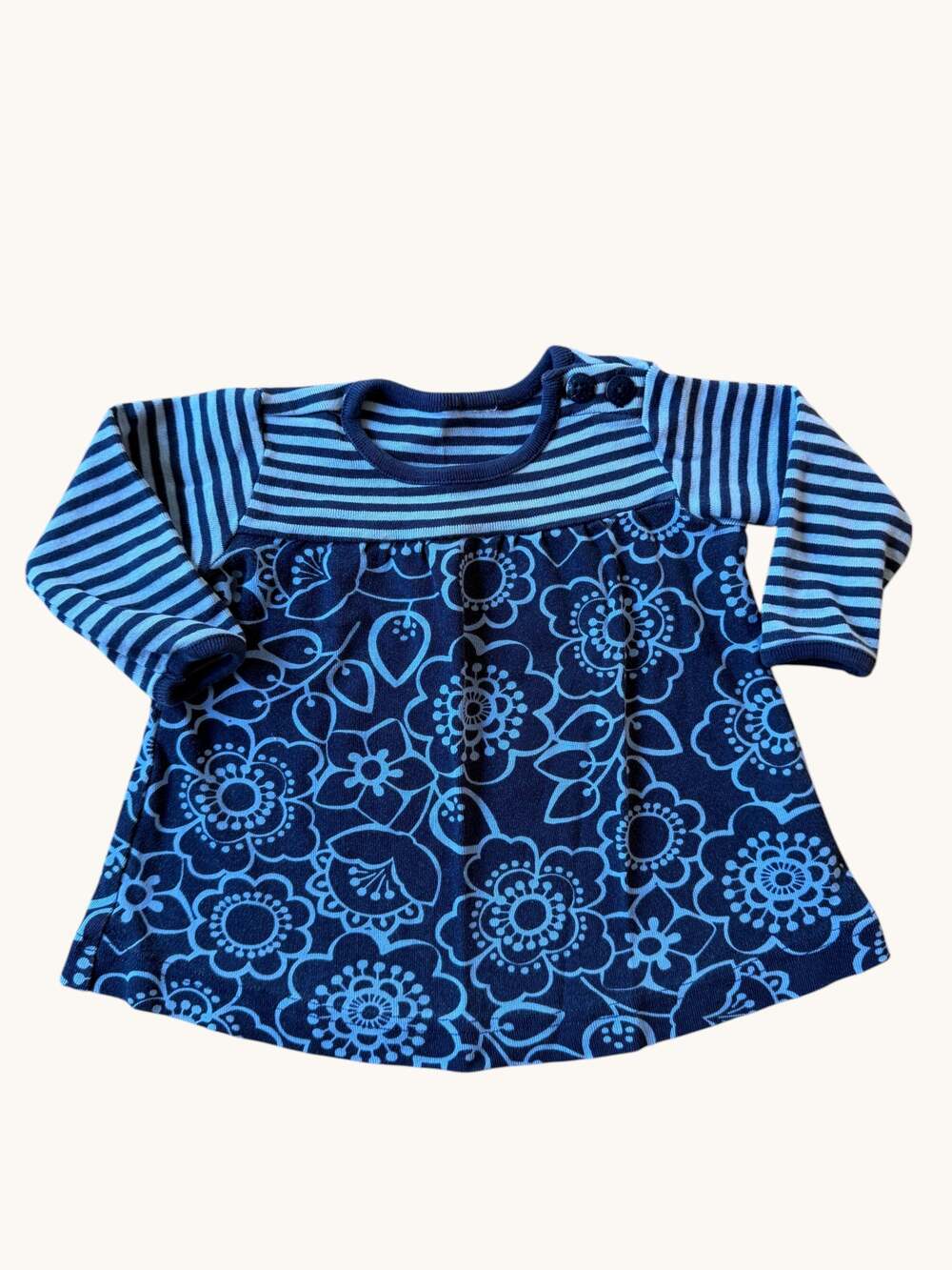 Hanna Andersson Baby Girls Navy Floral Stripe Dress Long Sleeve Est 80 12-18M
